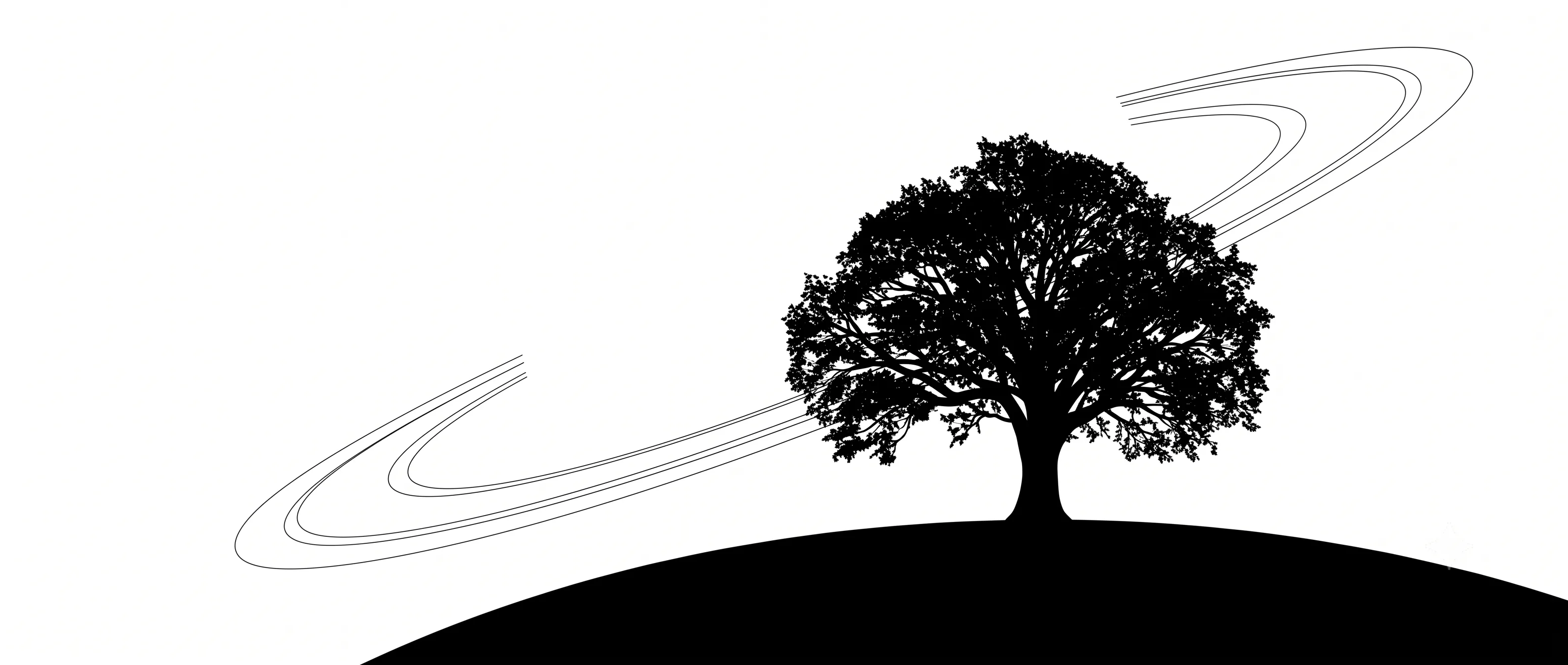 A linden tree on a planet's curve, wrapped by orbital rings: the through-line from distributed data to the built world.
